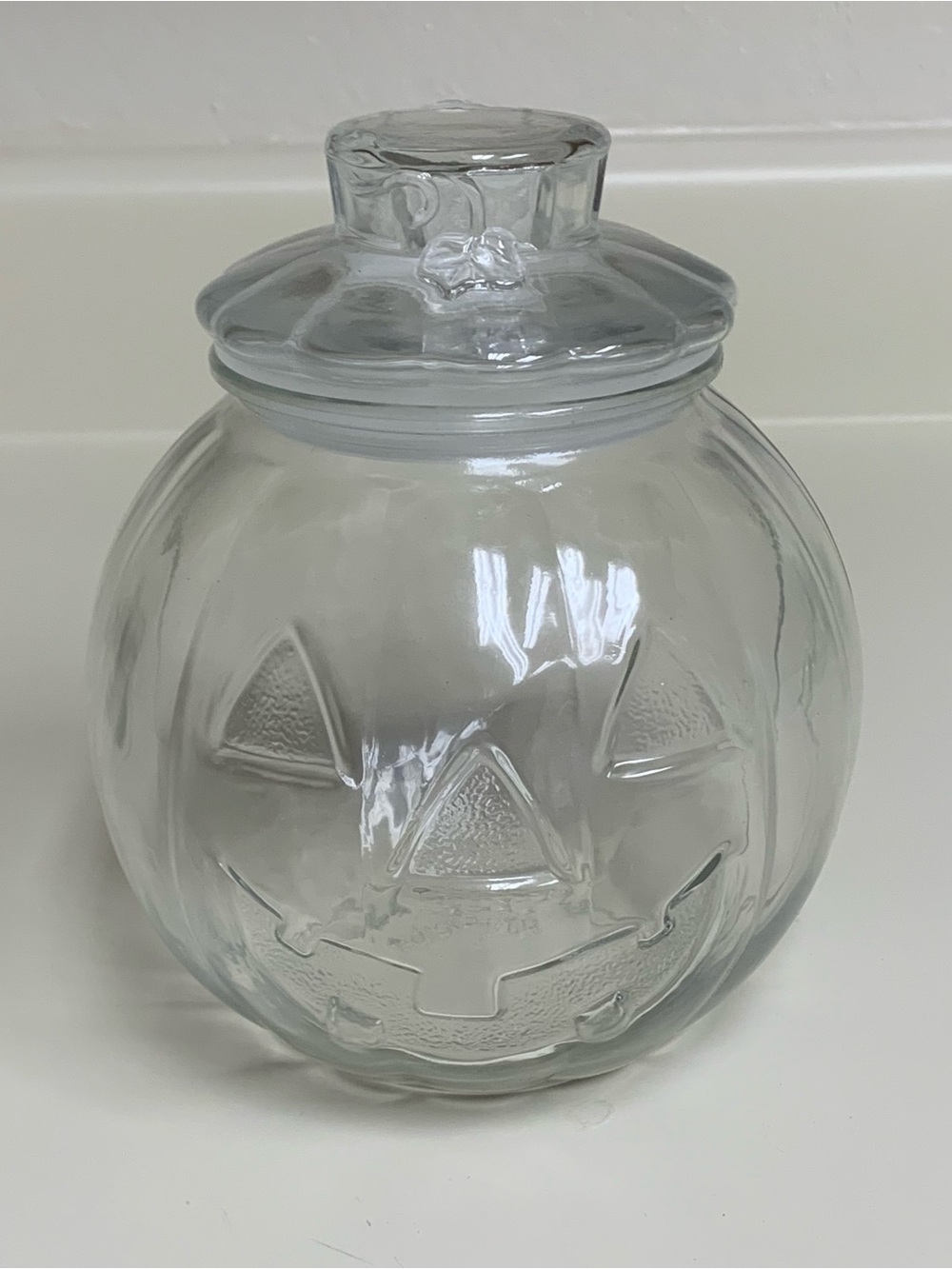 Vtg Clear Glass Jack O'Lantern Pumpkin Candy Jar w/ Lid 6.5" Halloween Canada